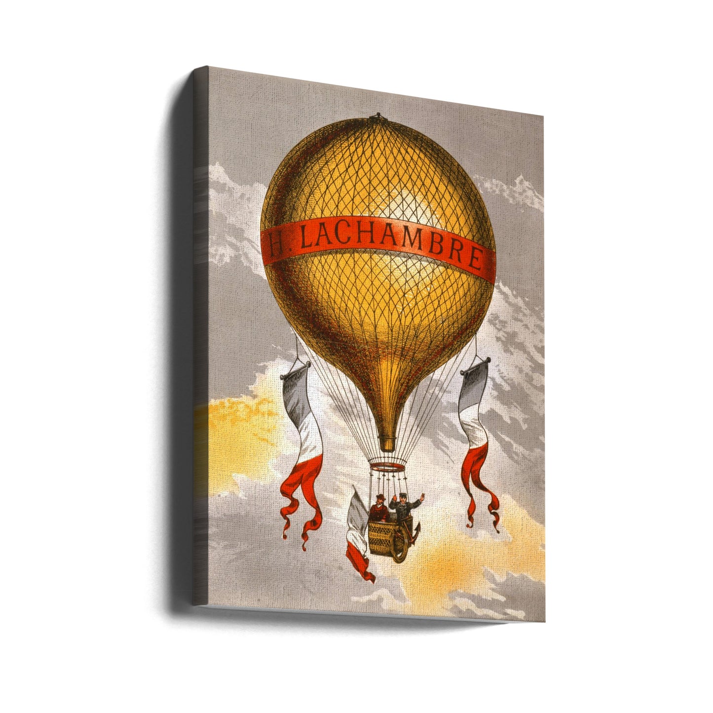 Pallone con etichetta raffigurante due uomini a bordo di un cesto, 1880 | Stampe su Tela