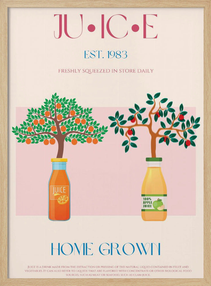 Orangen- und Apfelbäume mit Saftflaschen | Poster