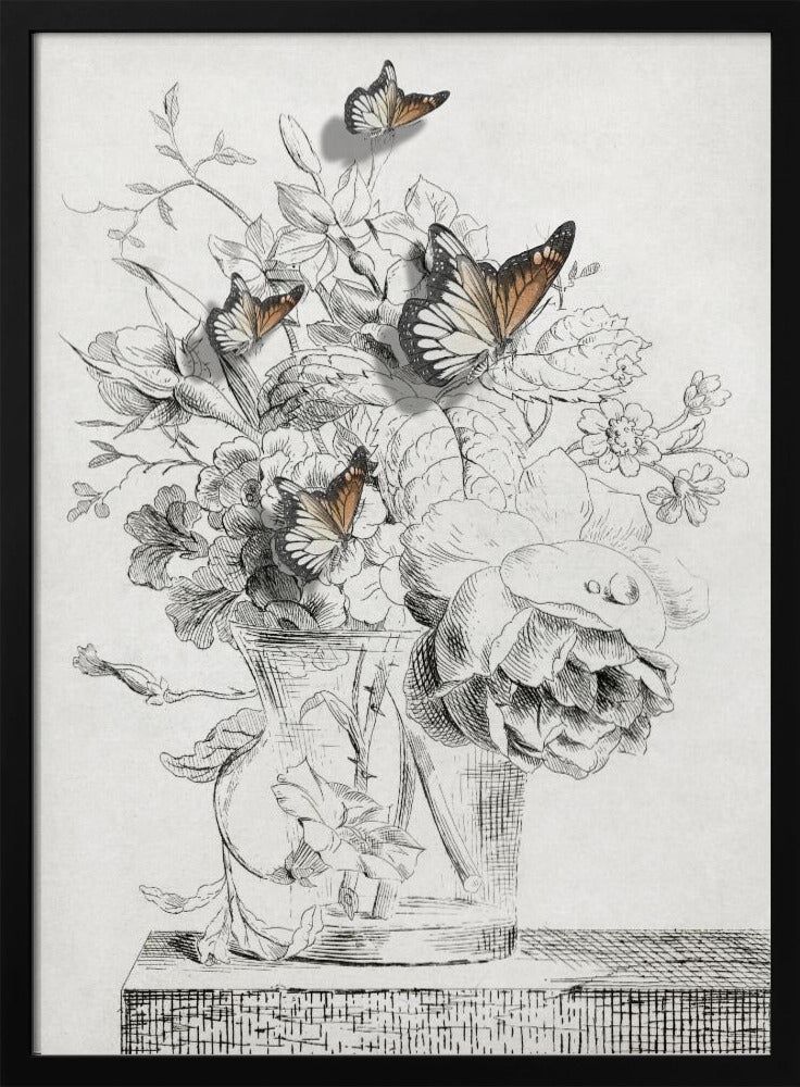 Die Schmetterlinge und die Vase mit Blumen | Poster