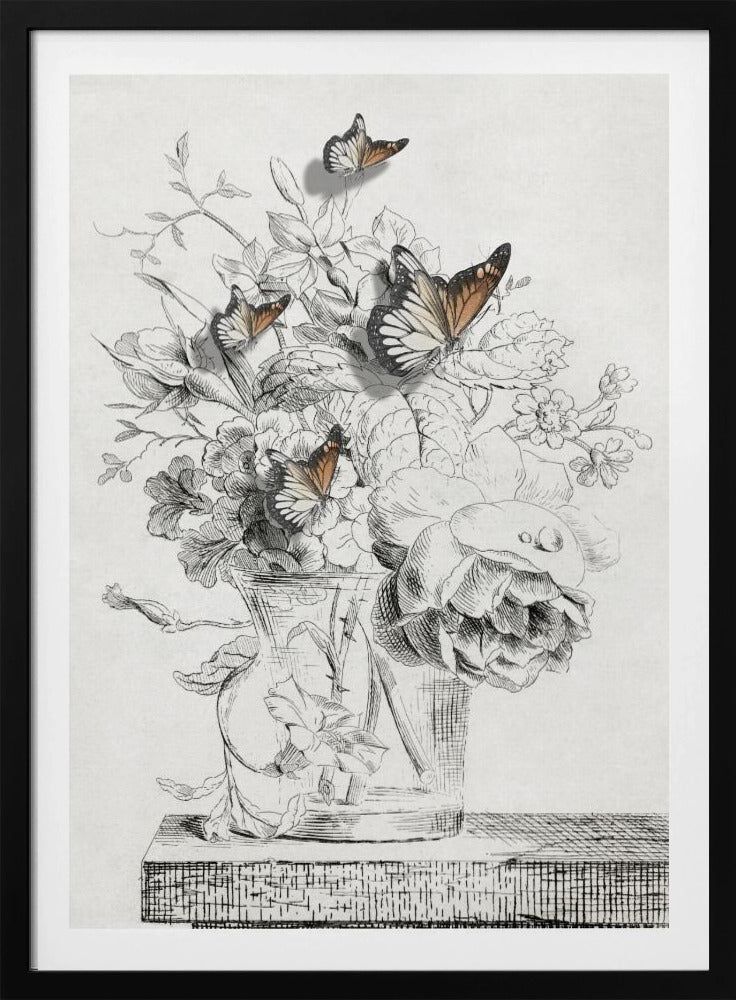 Die Schmetterlinge und die Vase mit Blumen | Poster