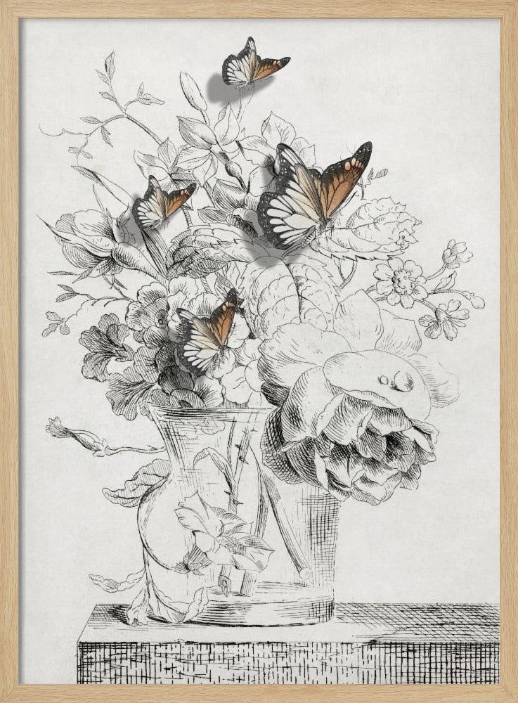 Die Schmetterlinge und die Vase mit Blumen | Poster