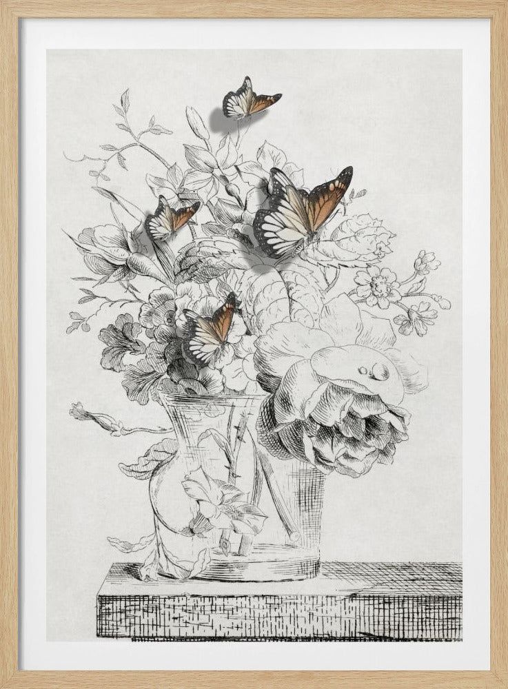 Die Schmetterlinge und die Vase mit Blumen | Poster