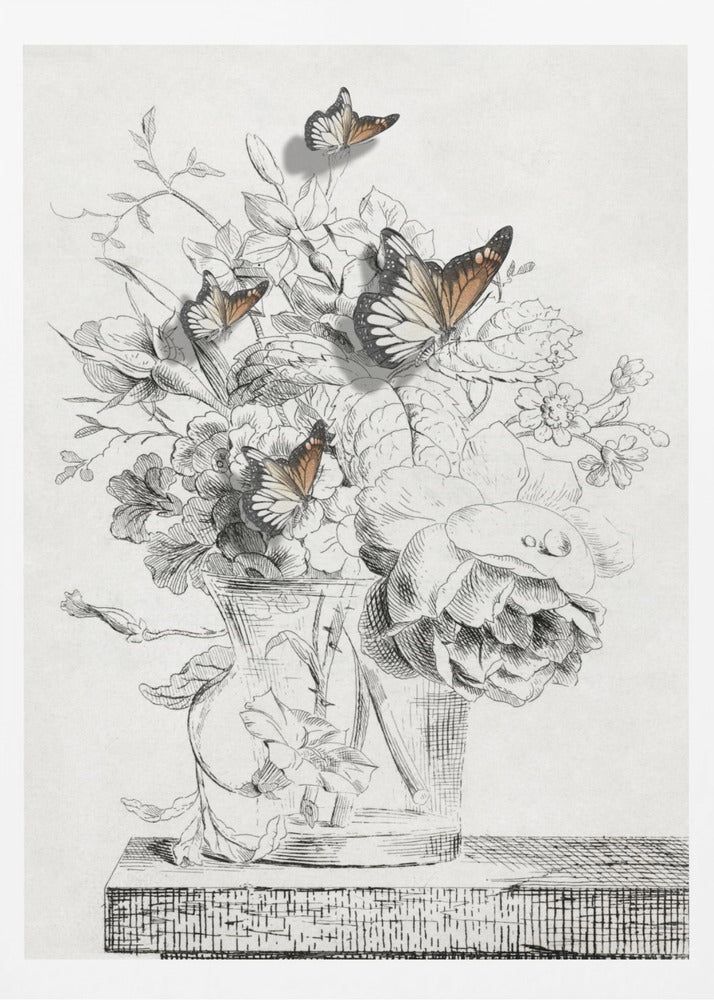 Die Schmetterlinge und die Vase mit Blumen | Poster
