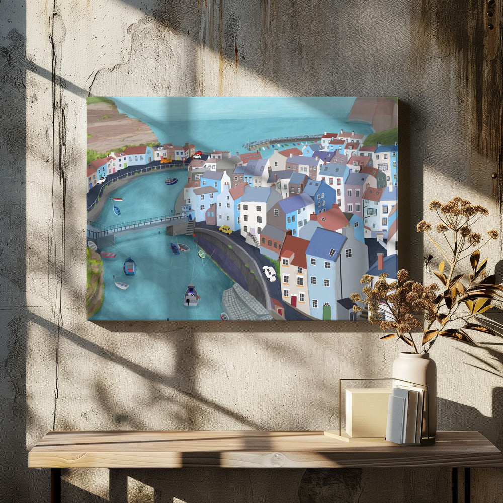 Veduta aerea di Staithes, Regno Unito, opera dell'artista Carla Daly | Stampe su Tela