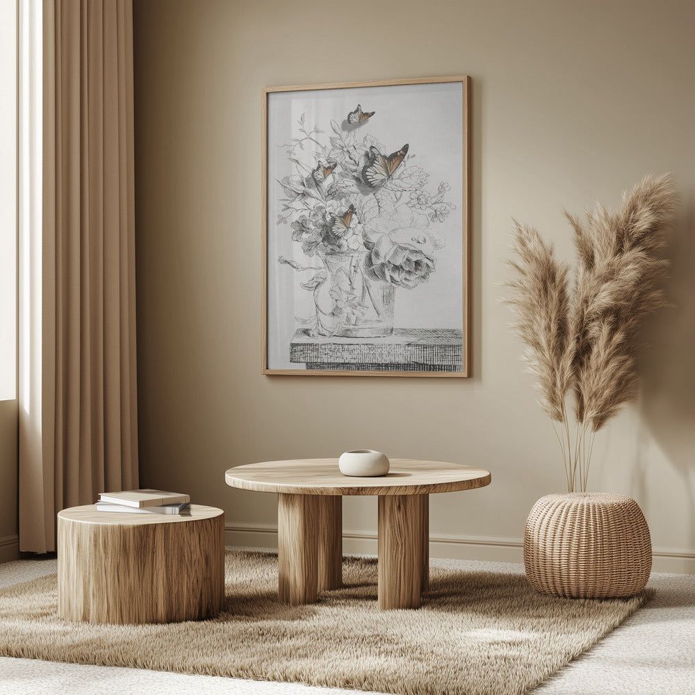Die Schmetterlinge und die Vase mit Blumen | Poster