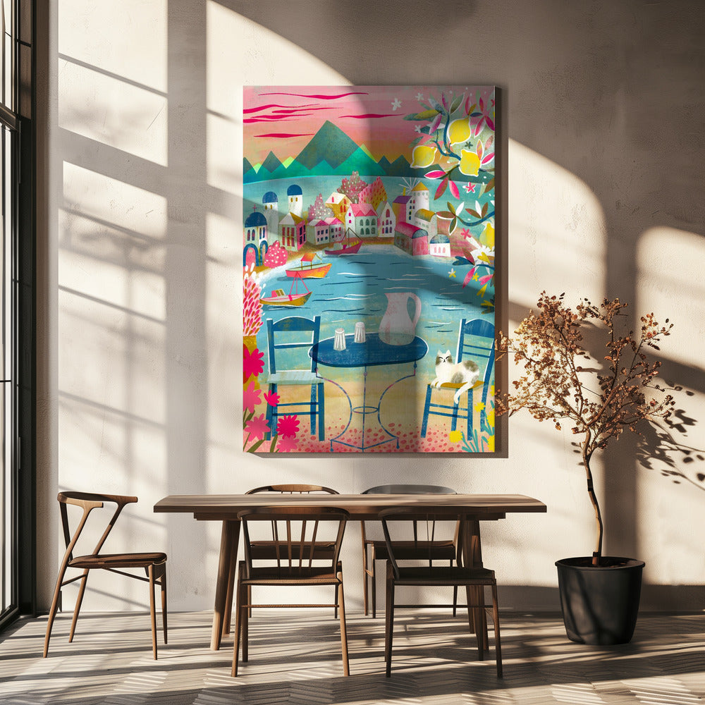 Grekisk krog med katt under citronträd | Canvas