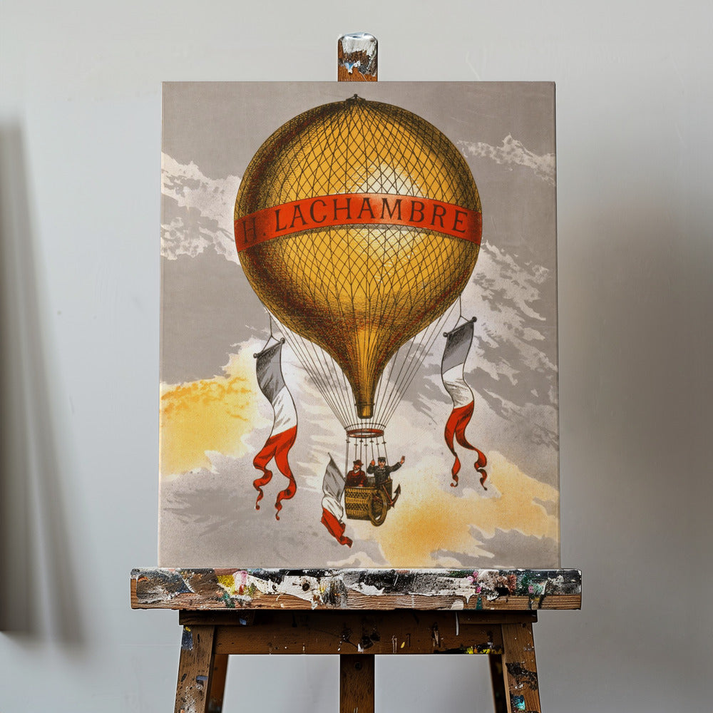 Pallone con etichetta raffigurante due uomini a bordo di un cesto, 1880 | Stampe su Tela