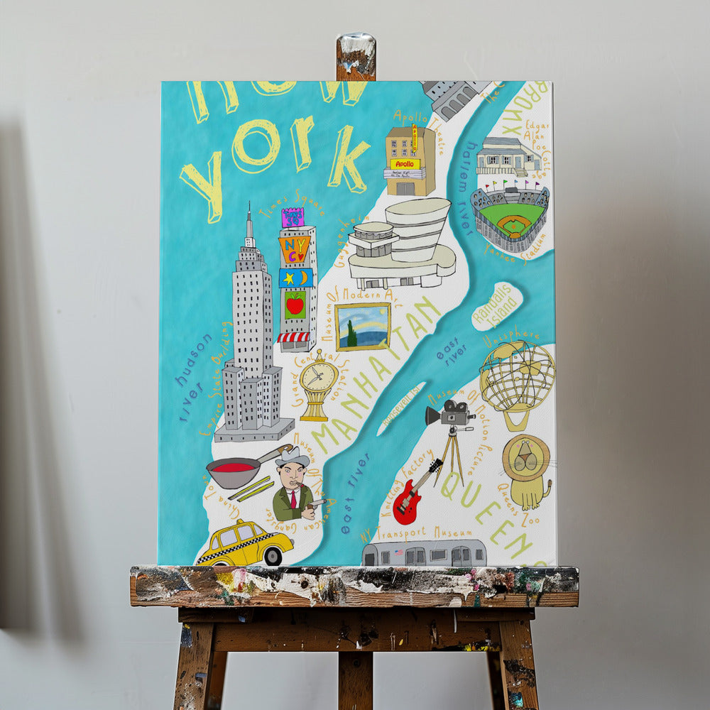 Farvestrålende illustreret kort over New York af kortkunstneren Carla Daly | Lærredsbilleder