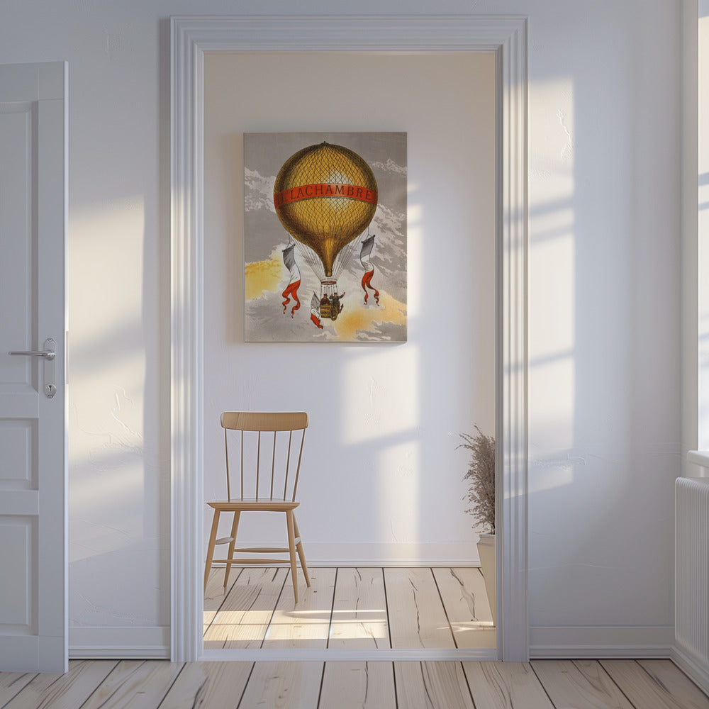 Pallone con etichetta raffigurante due uomini a bordo di un cesto, 1880 | Stampe su Tela