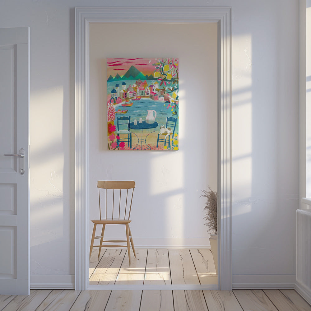 Grekisk krog med katt under citronträd | Canvas