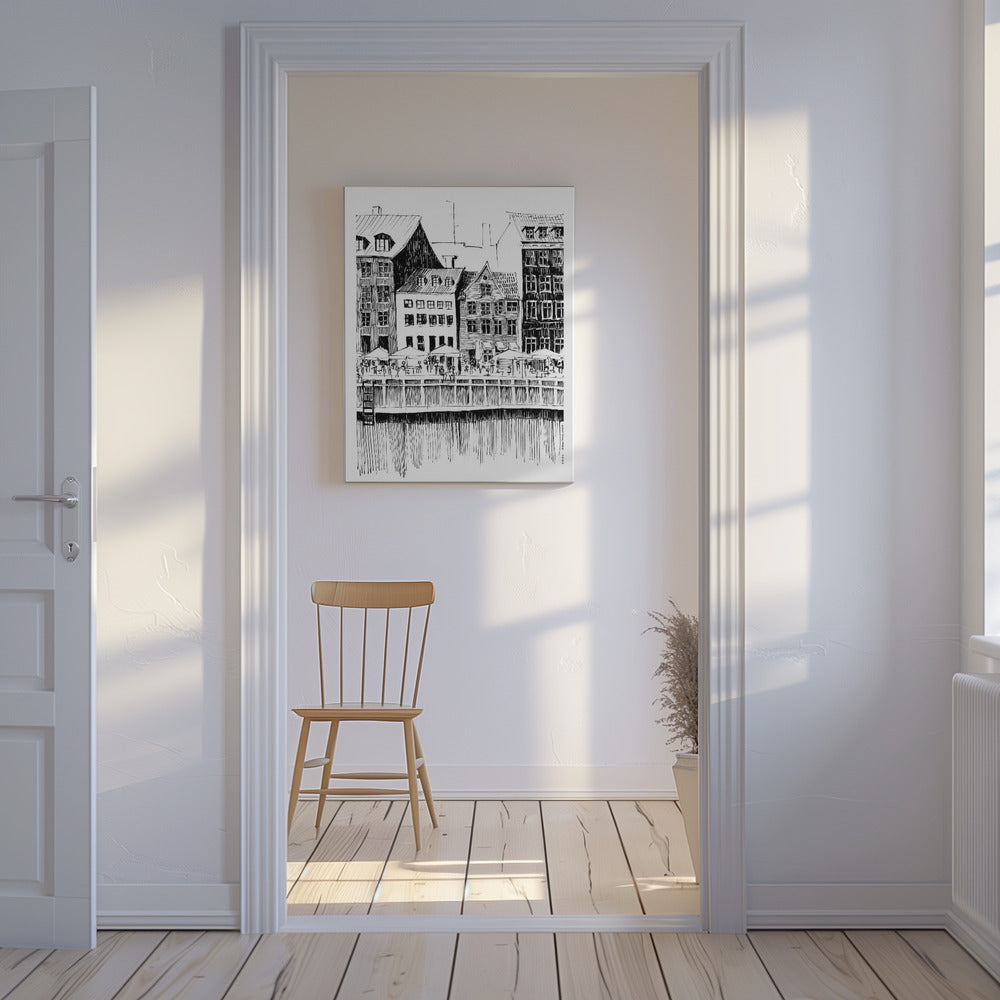 Kopenhaska grafika artystyczna, Dania Ilustracja podróżnicza z kawiarniami nad wodą | Wydruki na łótnie