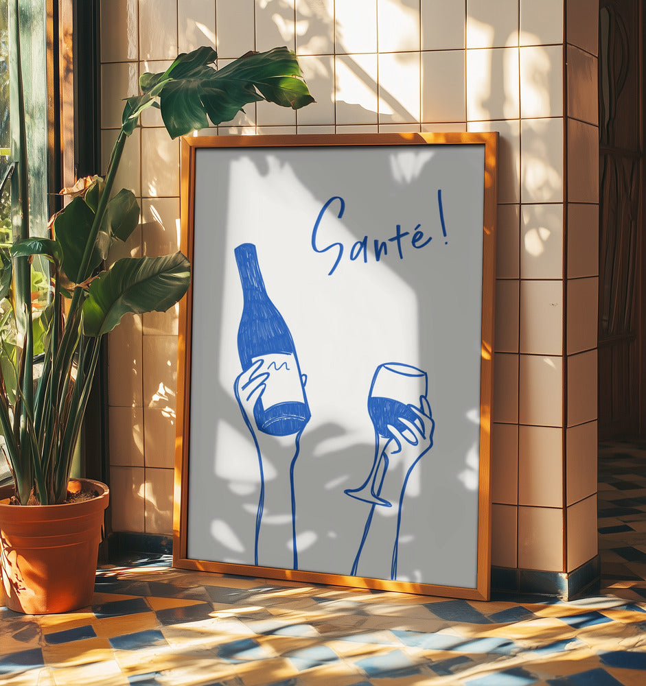 Hands holding a wine bottle and a wine glass with the text "Cheers!" in French | Poster