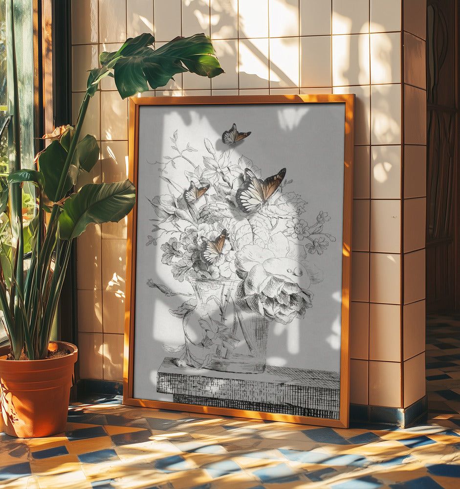 Die Schmetterlinge und die Vase mit Blumen | Poster