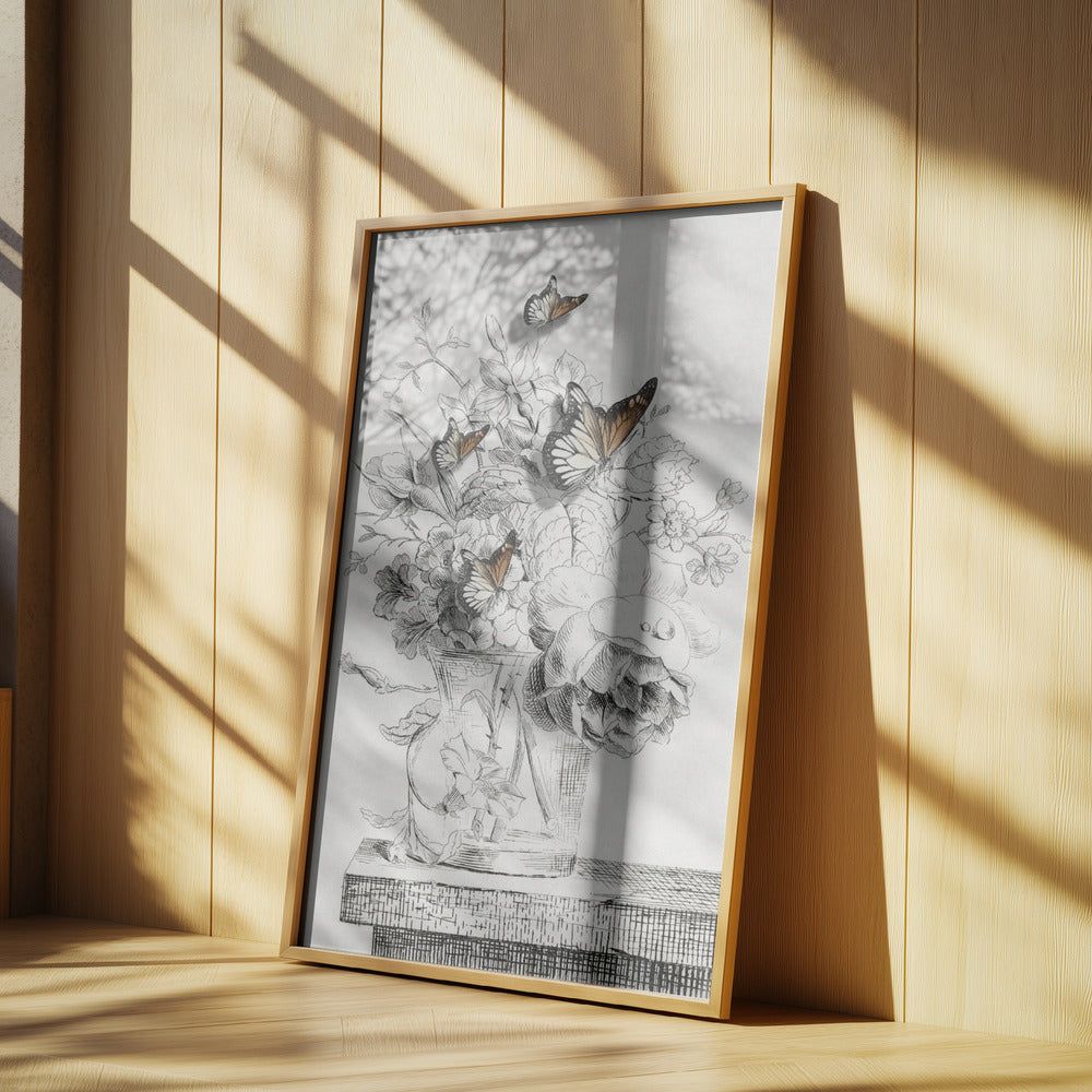 Die Schmetterlinge und die Vase mit Blumen | Poster