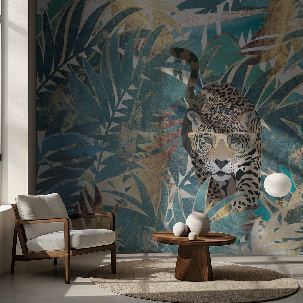Peinture murale de paysage de jungle de jaguar | Papier Peint Photo