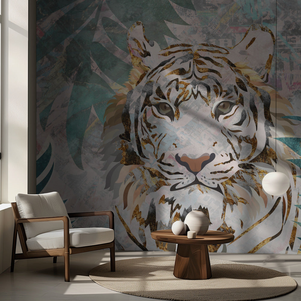 Fototapet med tropisk palm och tigergrunge | Fototapet
