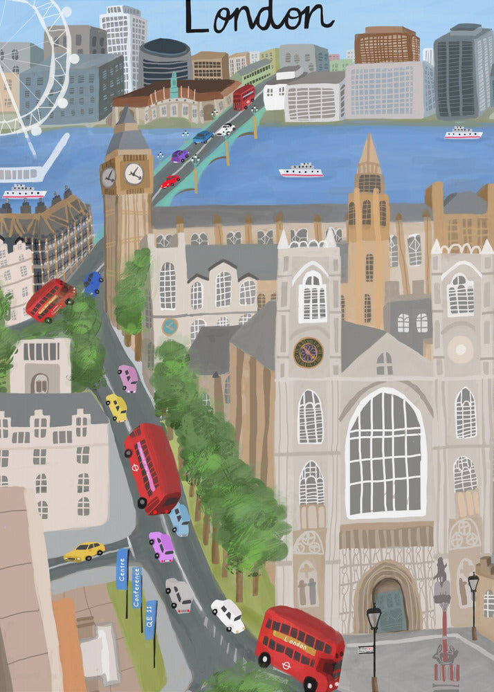 Città di Londra con vista sul Tamigi e sul Big Ben, opera dell'artista Carla Daly | Stampe su Tela