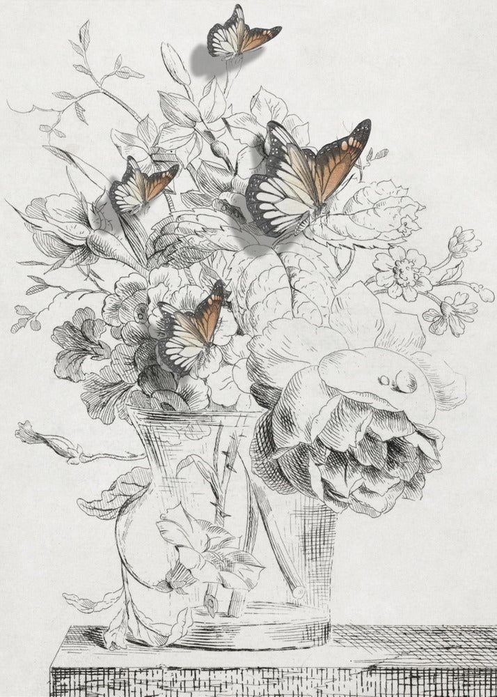 Die Schmetterlinge und die Vase mit Blumen | Poster