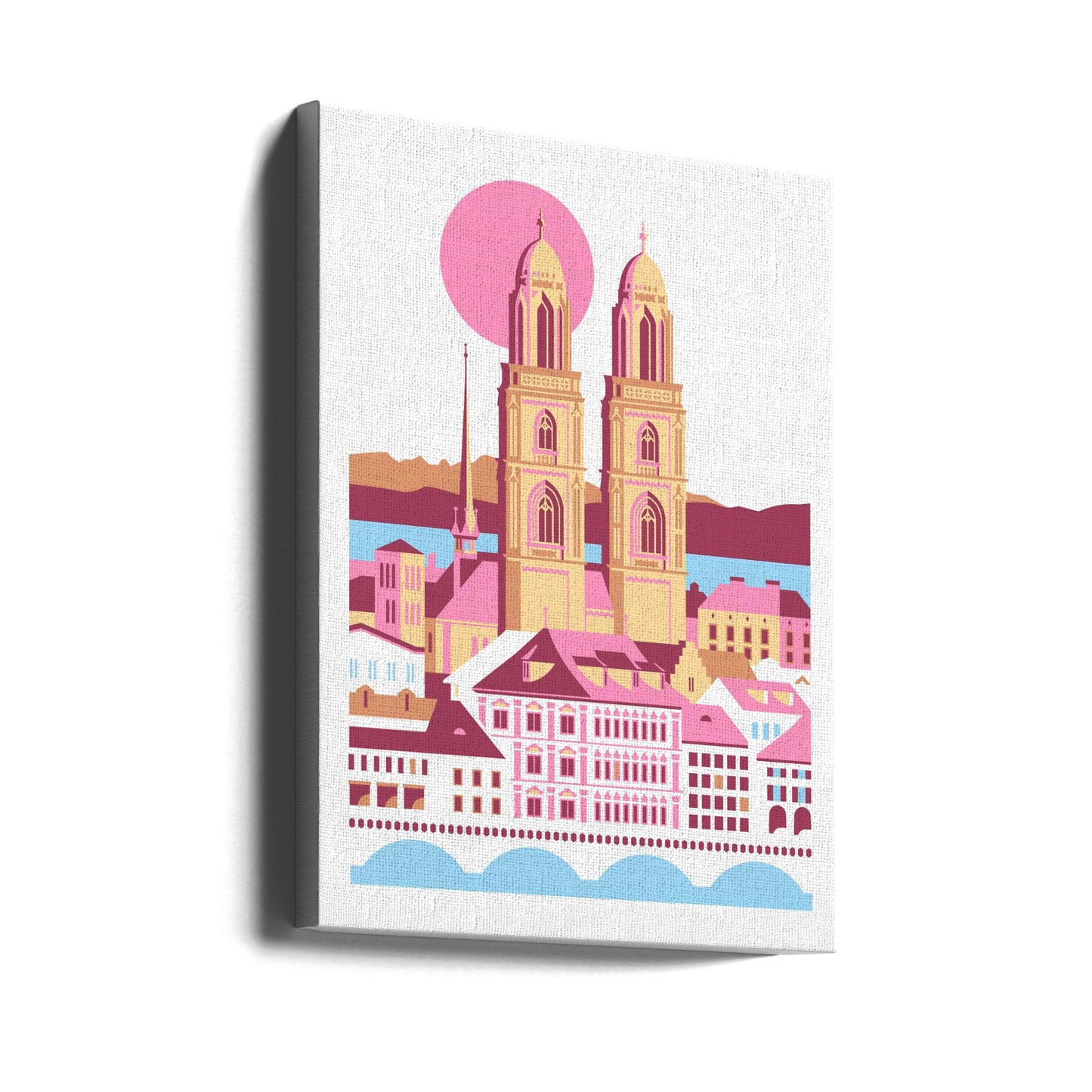 Ciudad de Zúrich, Suiza. Montañas suizas de verano. Ilustración de la ciudad. Vintage. Posters  - Impresiones de Arte | Impresiones en Lienzo