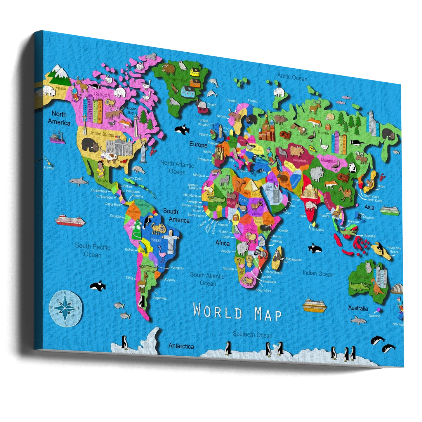 Carte du monde illustrée avec pays et continents par Carla Daly | Tableaux sur Toile