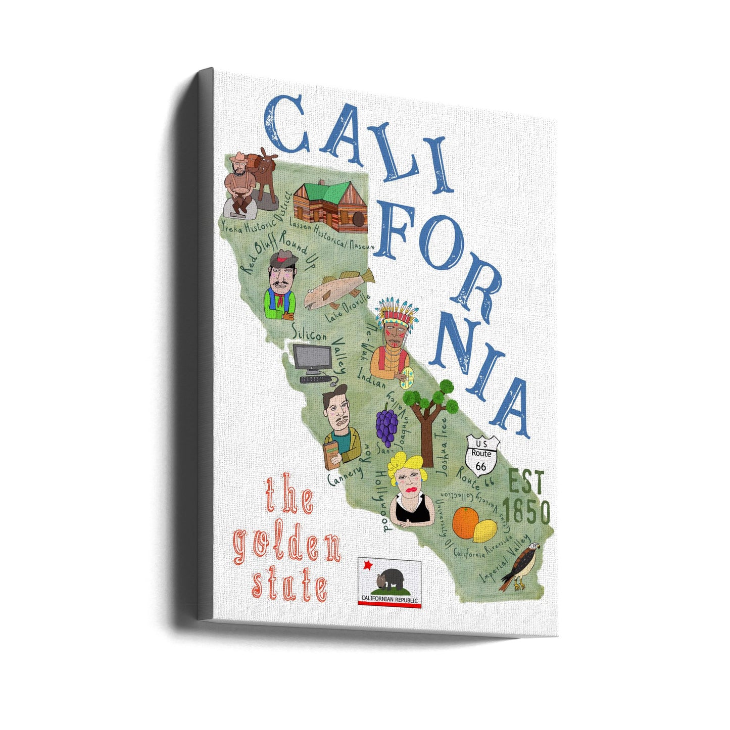 Geïllustreerde kaart van Californië met staatsiconen door Carla Daly | Canvasprints