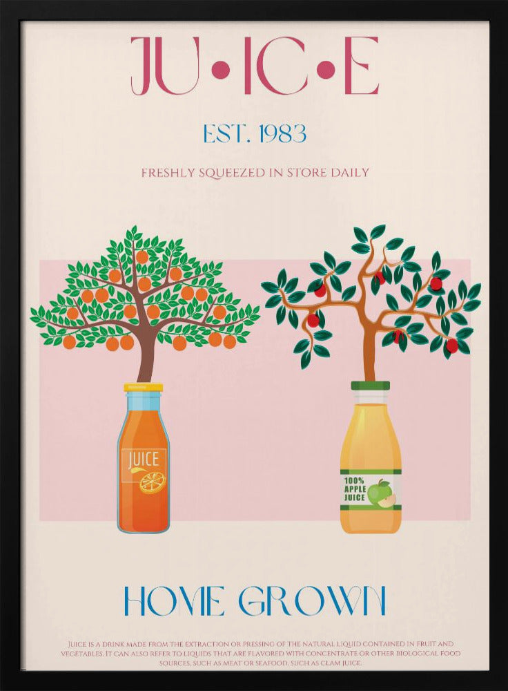 Orangen- und Apfelbäume mit Saftflaschen | Poster