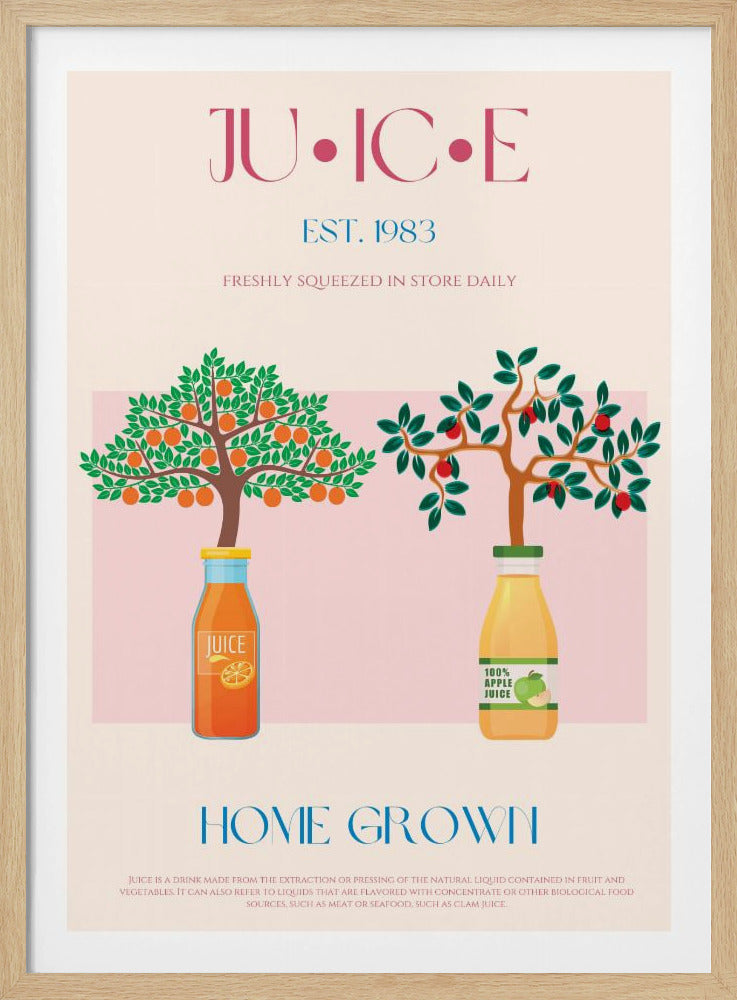 Orangen- und Apfelbäume mit Saftflaschen | Poster