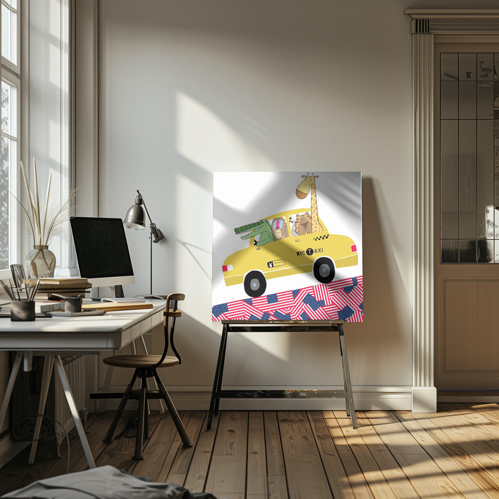 Grappige dieren in een gele taxi in New York door kunstenaar Carla Daly | Canvasprints