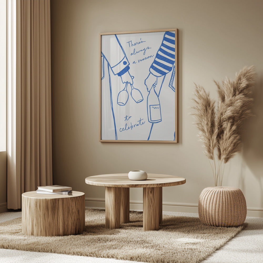 Kvinna som håller vinflaska och vinglas (Blå) - Wine Vin Femme Bleu | Poster