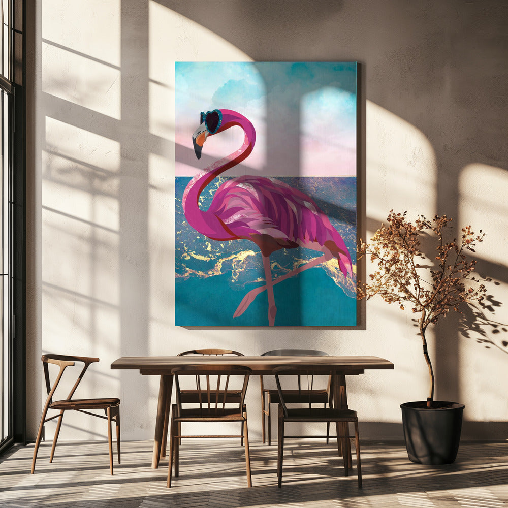 Le flamant rose va à la plage | Tableaux sur Toile