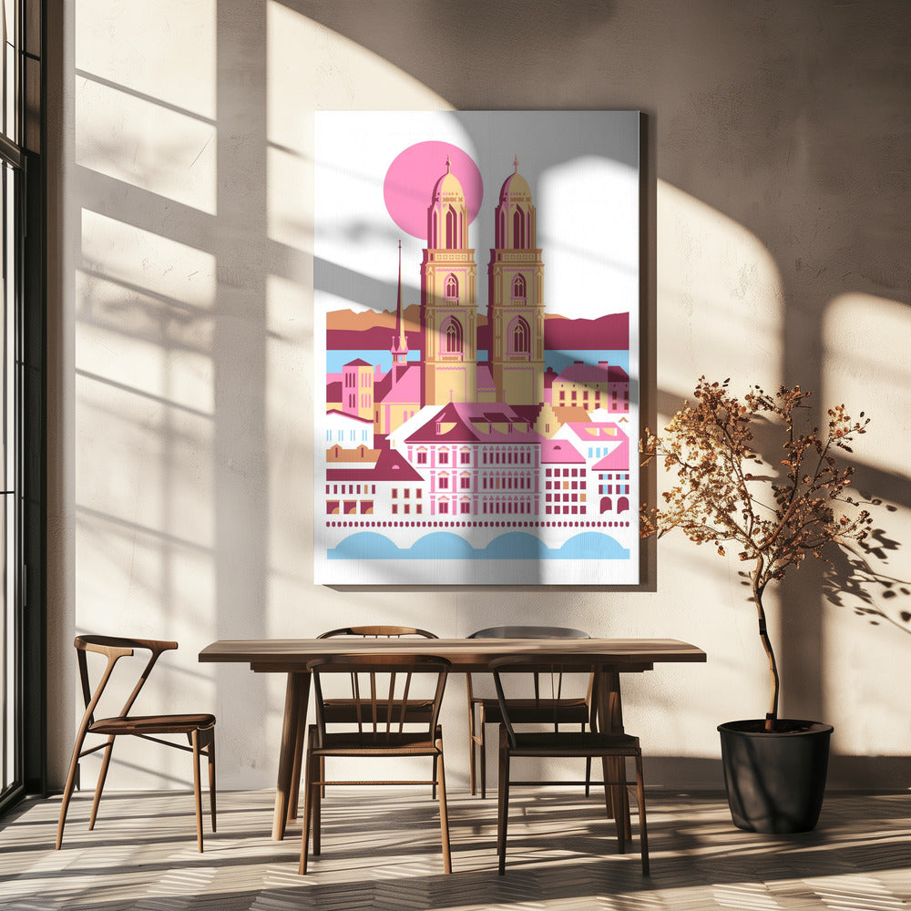 Ciudad de Zúrich, Suiza. Montañas suizas de verano. Ilustración de la ciudad. Vintage. Posters  - Impresiones de Arte | Impresiones en Lienzo