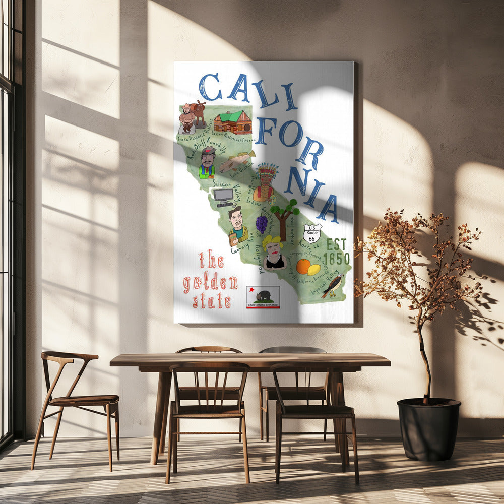 Geïllustreerde kaart van Californië met staatsiconen door Carla Daly | Canvasprints