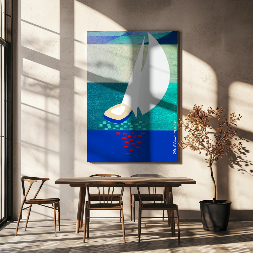 Voilier blanc sur la Côte d'Azur avec reflets sur la mer | Tableaux sur Toile