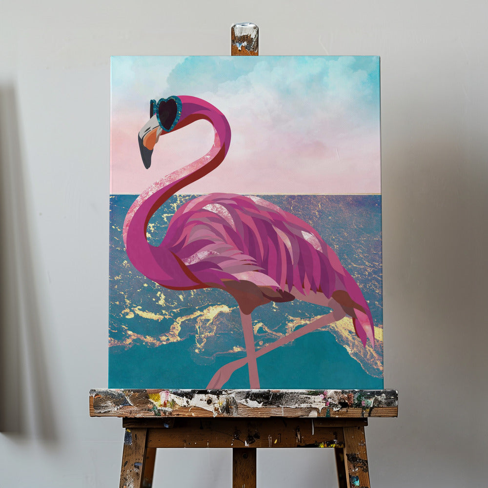 Le flamant rose va à la plage | Tableaux sur Toile