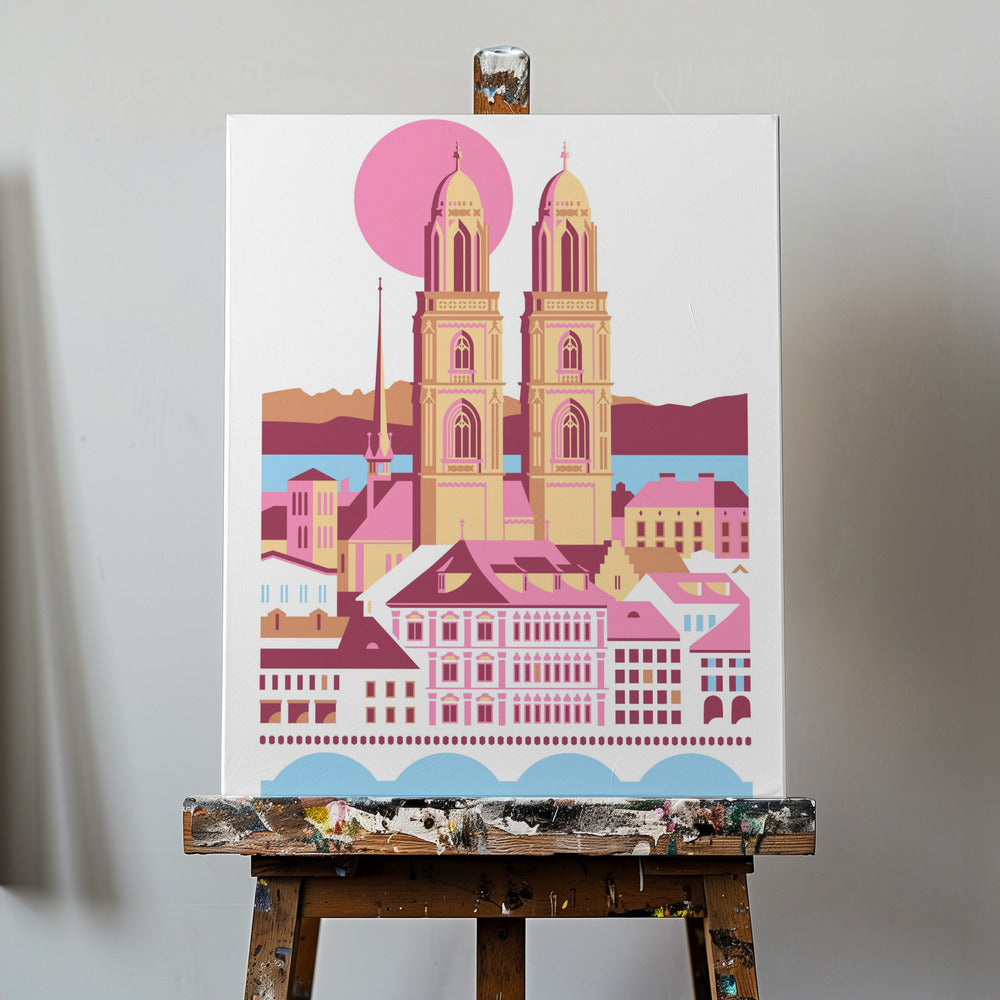 Ciudad de Zúrich, Suiza. Montañas suizas de verano. Ilustración de la ciudad. Vintage. Posters  - Impresiones de Arte | Impresiones en Lienzo
