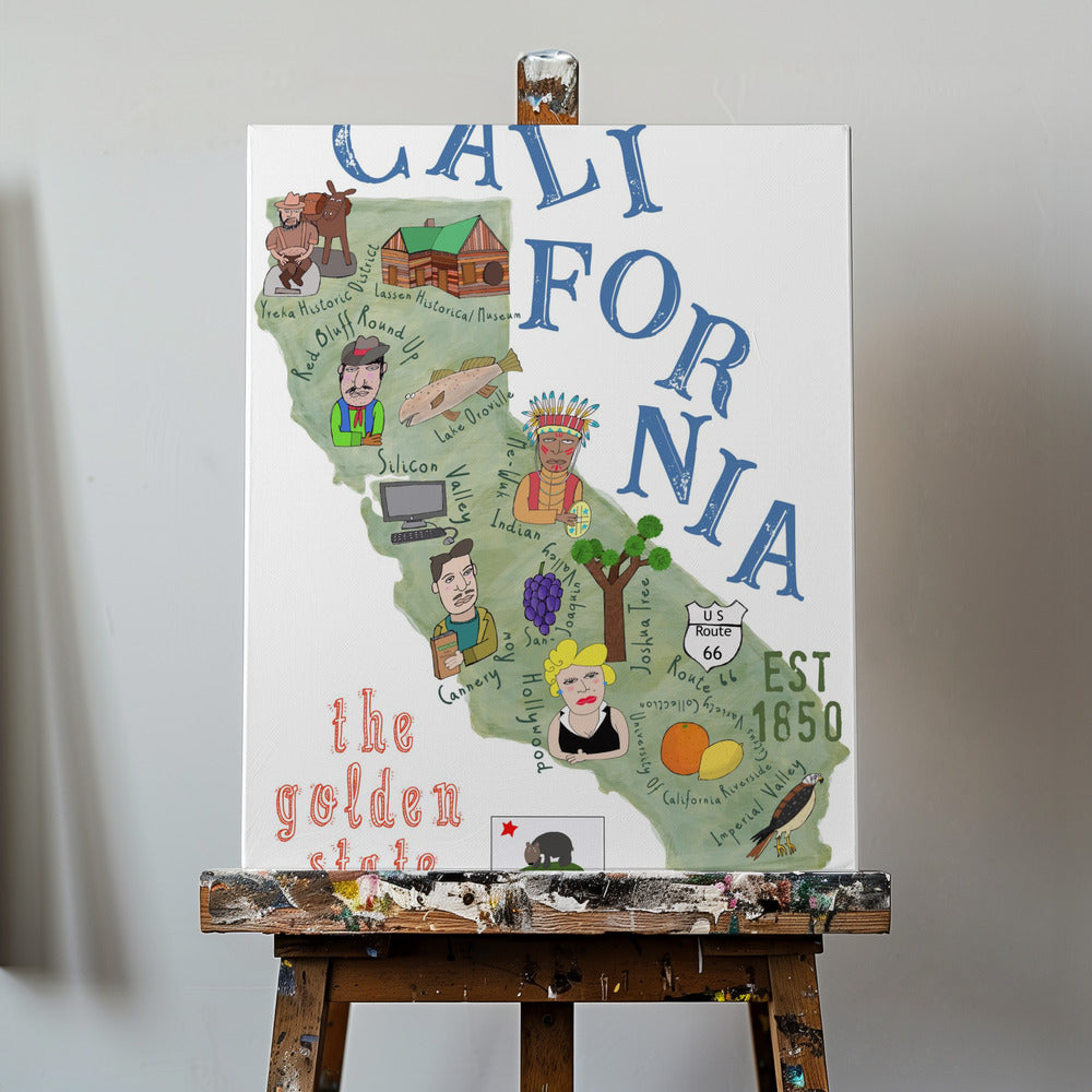 Geïllustreerde kaart van Californië met staatsiconen door Carla Daly | Canvasprints