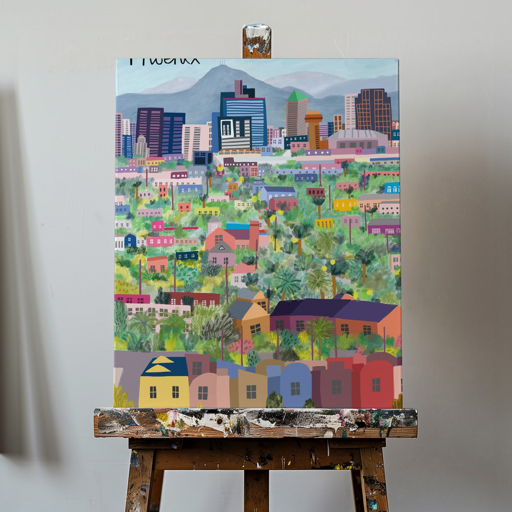 Udsigt over Phoenix, Arizona. Illustreret af kunstneren Carla Daly | Lærredsbilleder