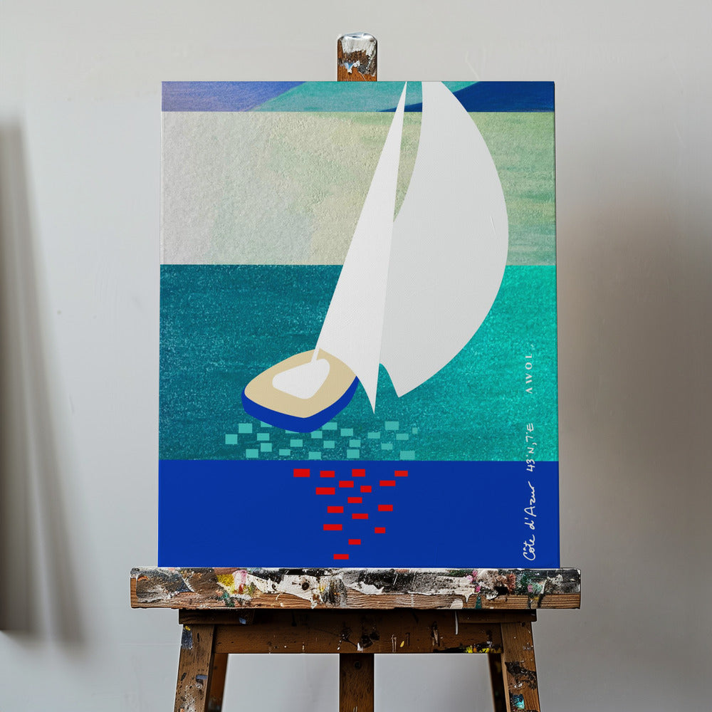 Voilier blanc sur la Côte d'Azur avec reflets sur la mer | Tableaux sur Toile
