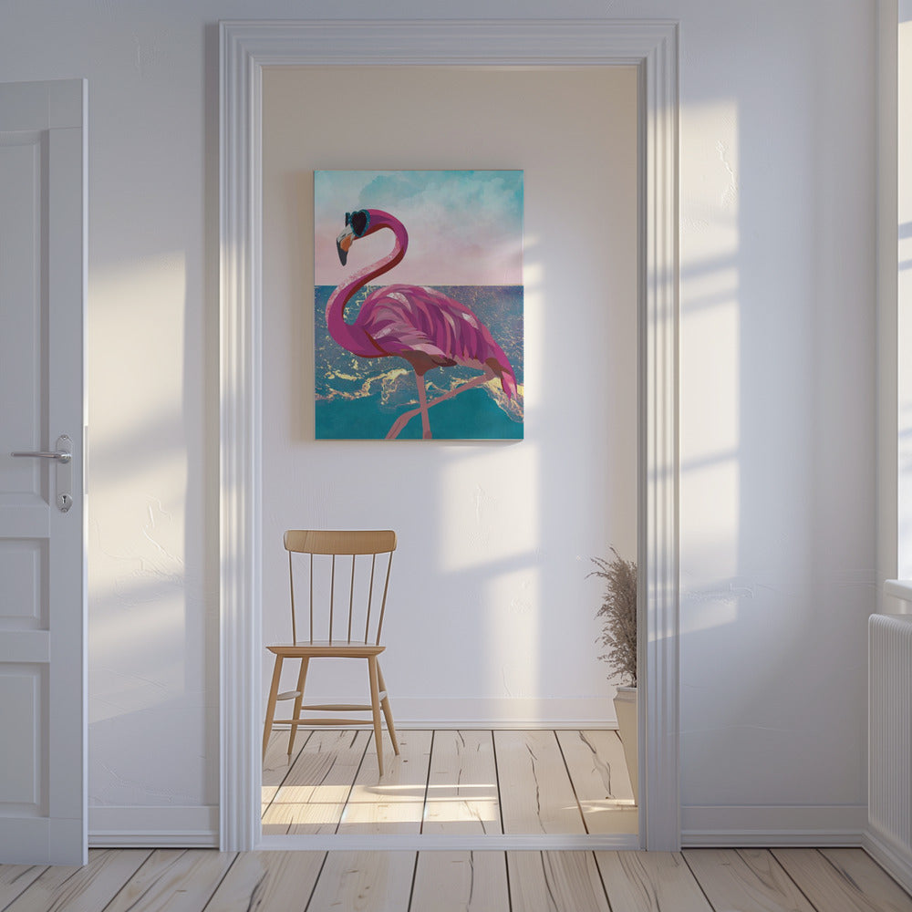 Le flamant rose va à la plage | Tableaux sur Toile