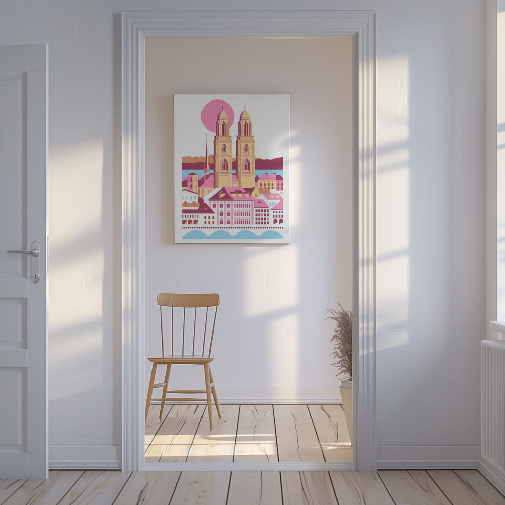 Ciudad de Zúrich, Suiza. Montañas suizas de verano. Ilustración de la ciudad. Vintage. Posters  - Impresiones de Arte | Impresiones en Lienzo