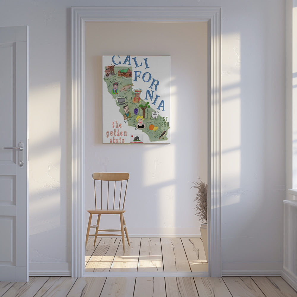 Geïllustreerde kaart van Californië met staatsiconen door Carla Daly | Canvasprints