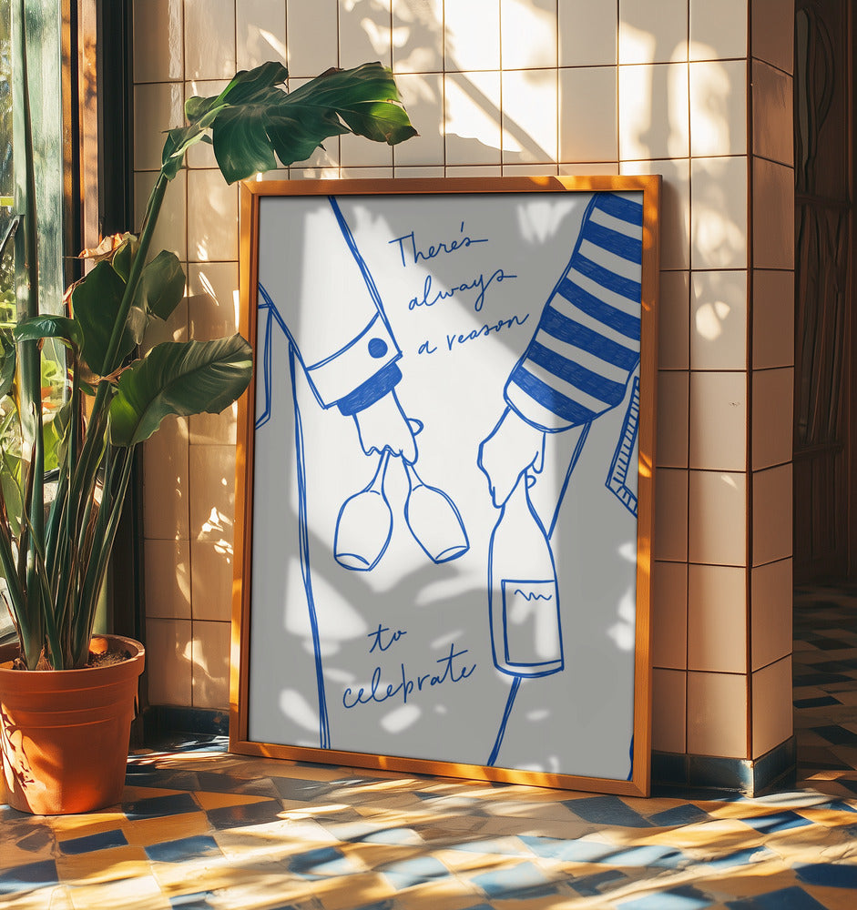 Kvinna som håller vinflaska och vinglas (Blå) - Wine Vin Femme Bleu | Poster
