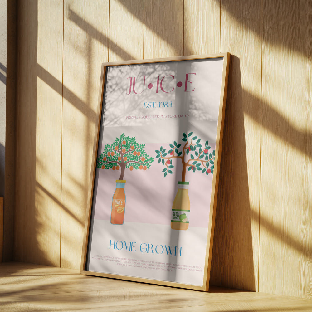 Orangen- und Apfelbäume mit Saftflaschen | Poster