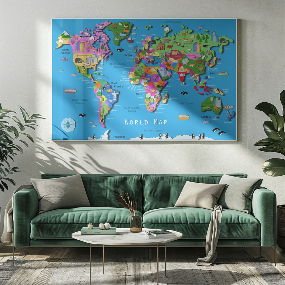 Carte du monde illustrée avec pays et continents par Carla Daly | Tableaux sur Toile