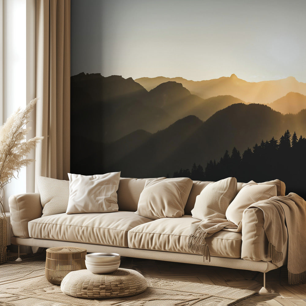 Rayons de soleil couchant sur les montagnes | Papier Peint Photo