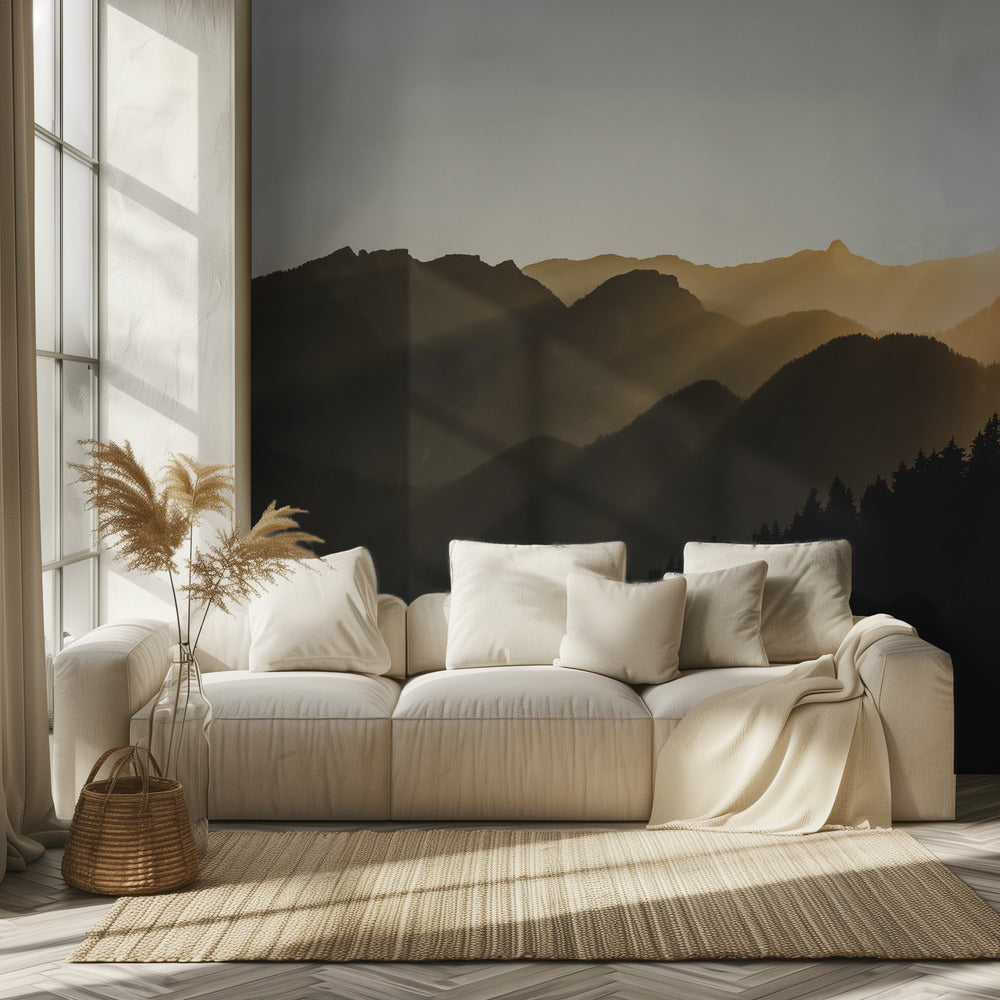 Rayons de soleil couchant sur les montagnes | Papier Peint Photo
