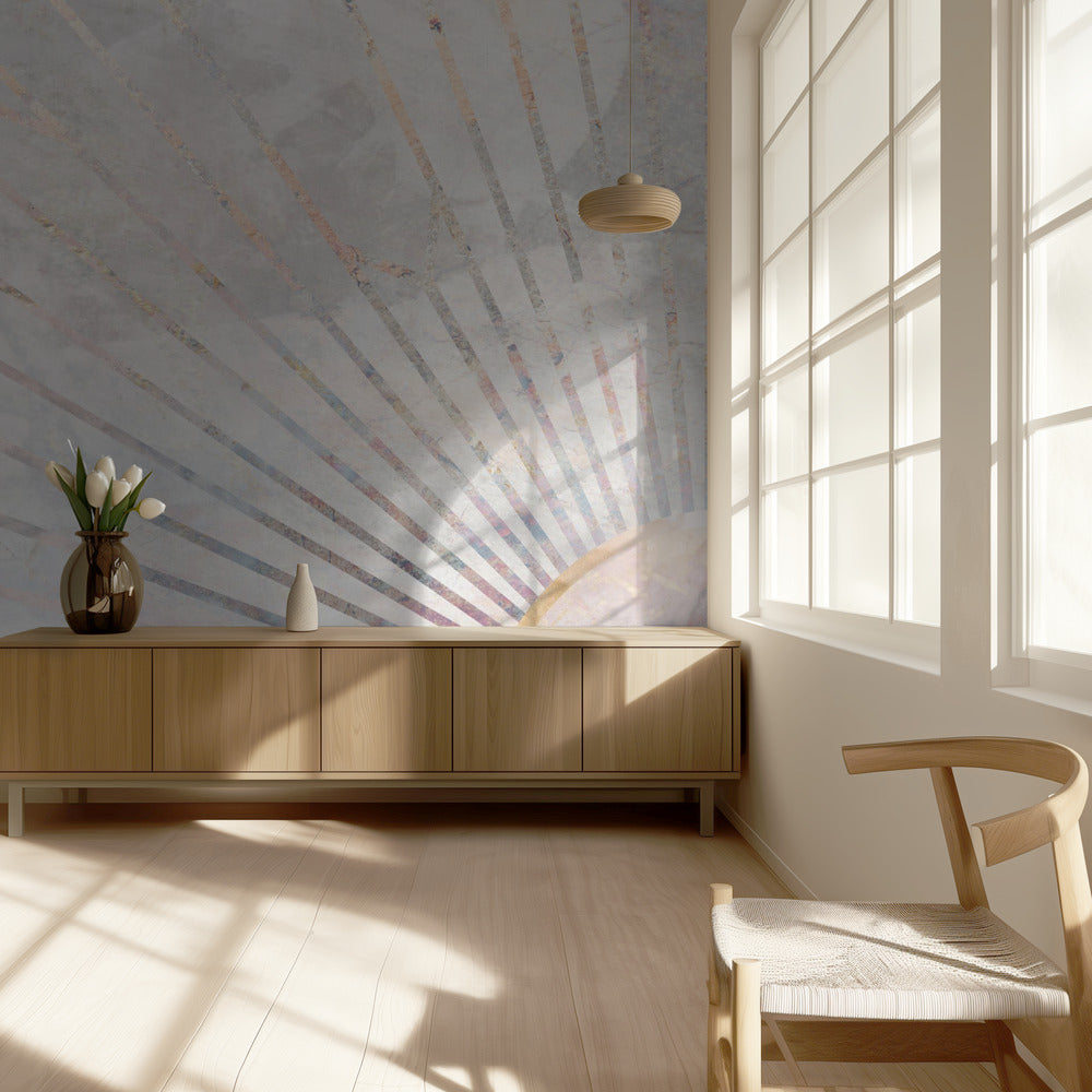 Goldenes geometrisches Wandbild aus Beton mit Sonnenstrahlen | Fototapeten