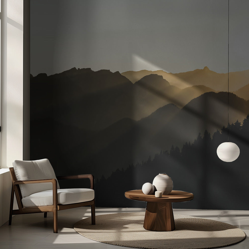 Rayons de soleil couchant sur les montagnes | Papier Peint Photo