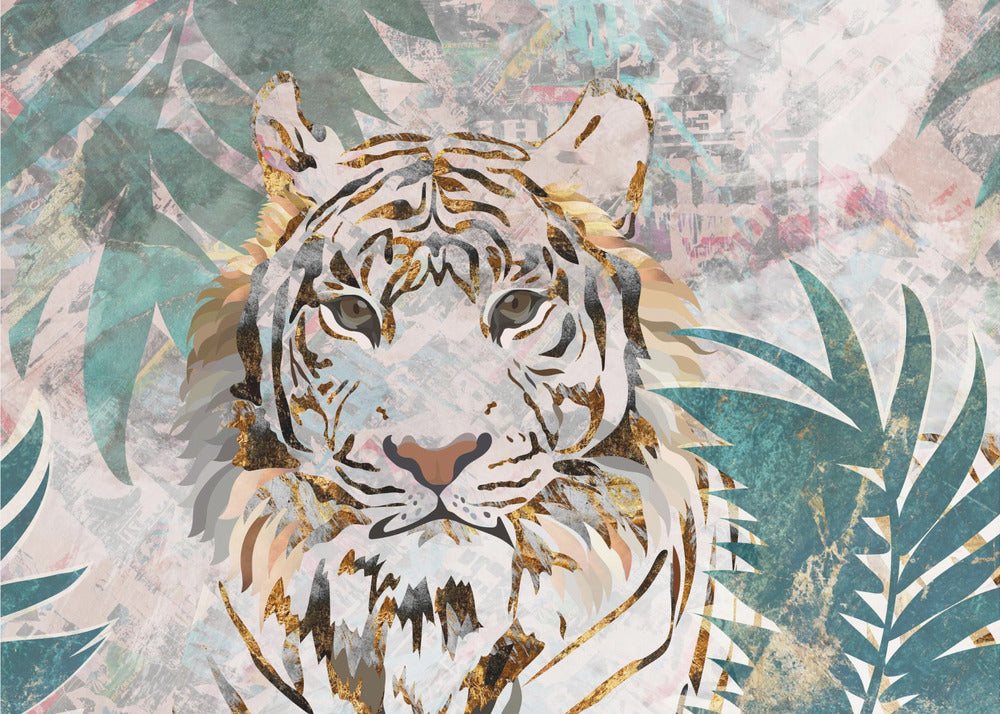 Mural de pared de palmera tropical con diseño de tigre y grunge | Papel Pintado Fotográfico