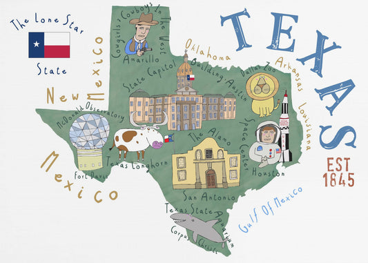 Kart over Texas, illustrert av kunstneren Carla Daly | Lerretsbilder